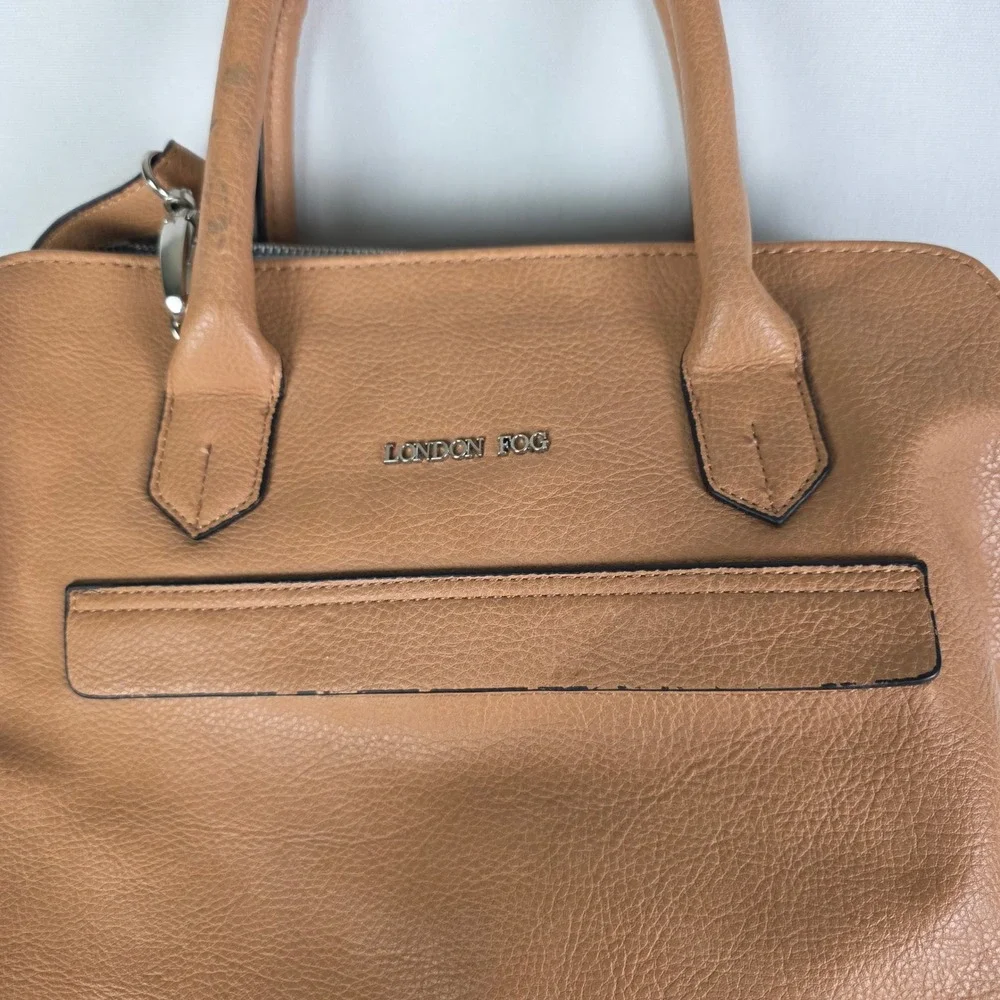 London Fog Tan Pebbled‎ Vegan Leather Satchel Crossbody Bag Blue Trim